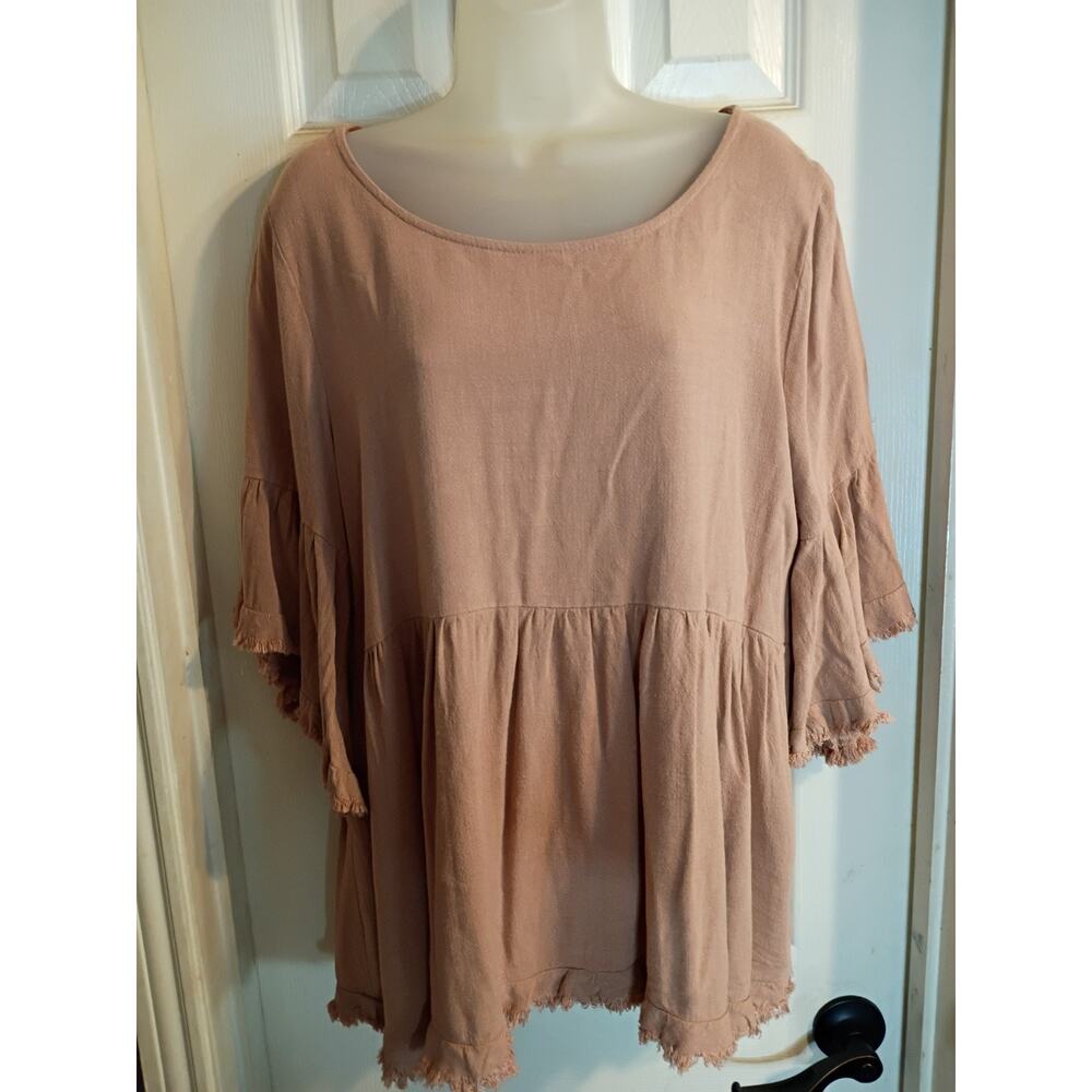 Umgee Linen Cotton Top Tan Baby Doll Sz L Flared Sleeves Raw Hem